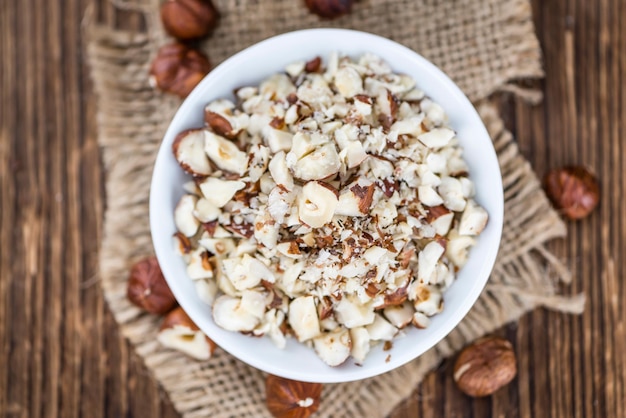 Hazelnuts chopped selective focus