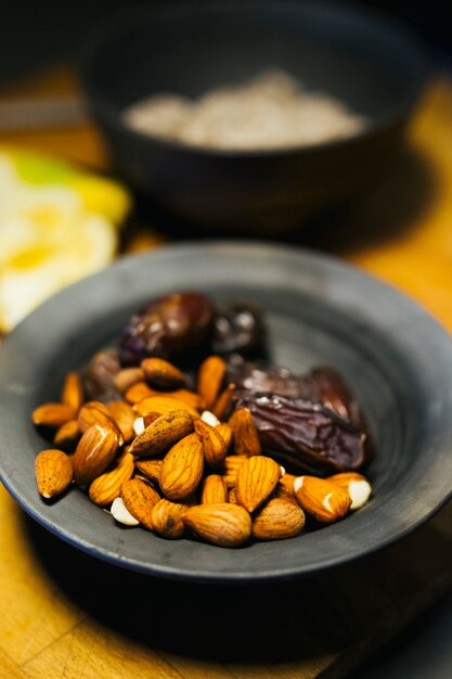 Hazelnuts and dates in a bowl