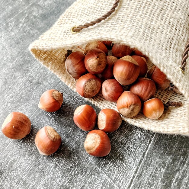 Hazelnuts spill out of the bag on a gray background