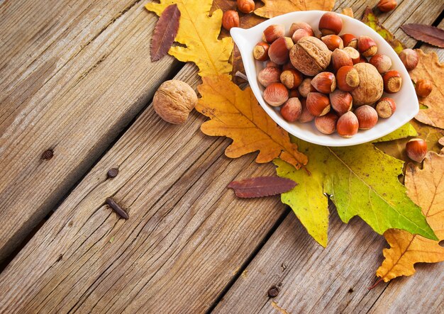 Hazelnuts and walnuts in a bowl 