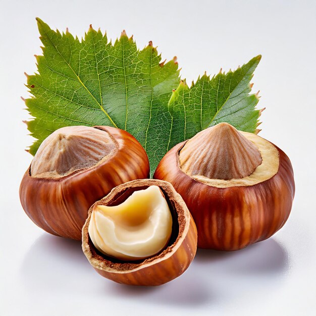 Hazelnuts with leaves on white background