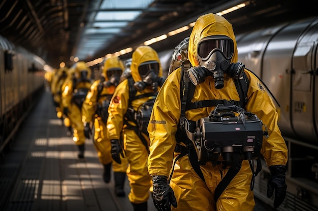 Hazmat Response Team Geared Up and Approaching a Crisis Scene Generative Ai