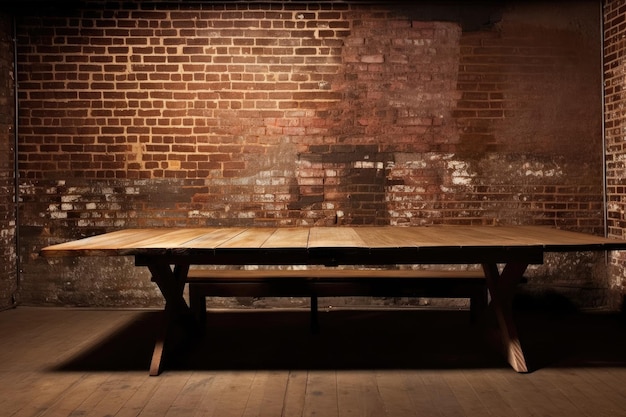 Next to a hazy brick wall is a wooden table