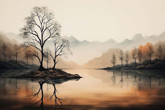 In the hazy distance a solitary tree stands by a mistcovered lake Generative AI