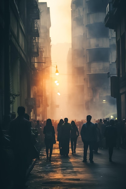 A hazy group of unidentified people gathering on the street