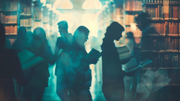 A hazy image of a crowd of people gathered in a dimlylit library each holding a different classic