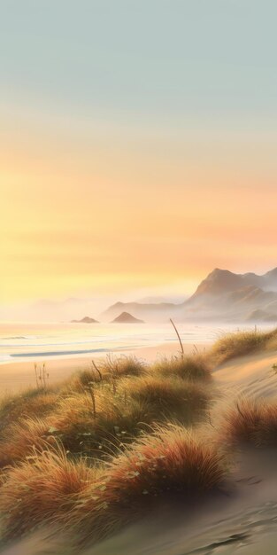 Hazy landscape art rendering of sunset and beach in maori style