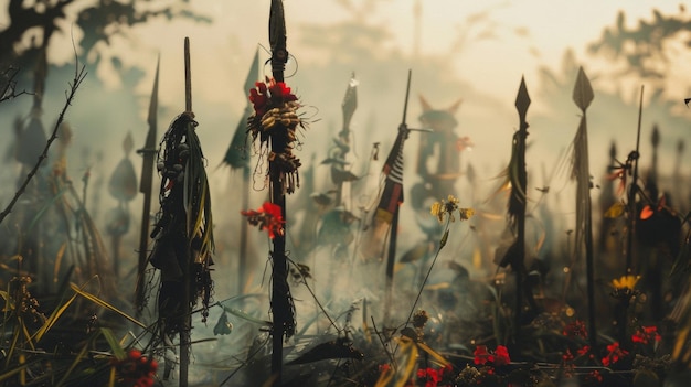 A hazy landscape of blurred tribal weapons and implements evoking a sense of ancient rituals and