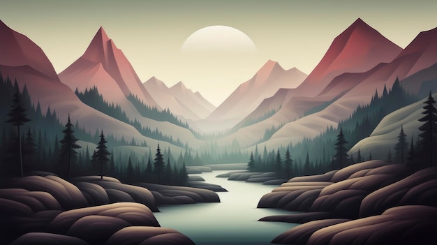 Hazy mountain landscape with rich hues Created with Generative AI technology