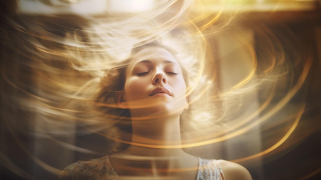 In a hazy photo a woman grapples with vertigo dizziness or a brain or inner ear ailment