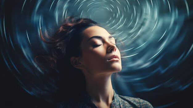 Photo in a hazy photo a woman grapples with vertigo dizziness or a brain or inner ear ailment