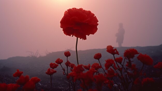 Photo hazy silhouette of a red poppy flower against a foggy mountain