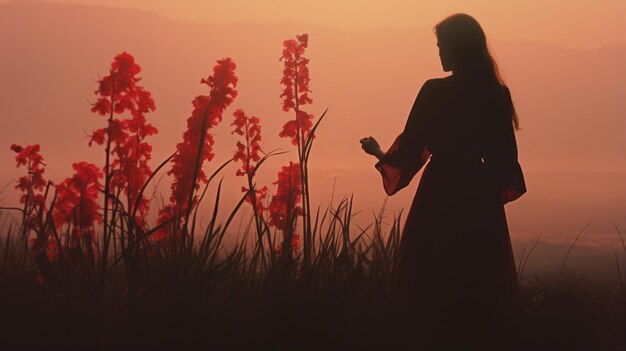 Photo hazy silhouette of a woman amidst red flowers a spiritual meditation