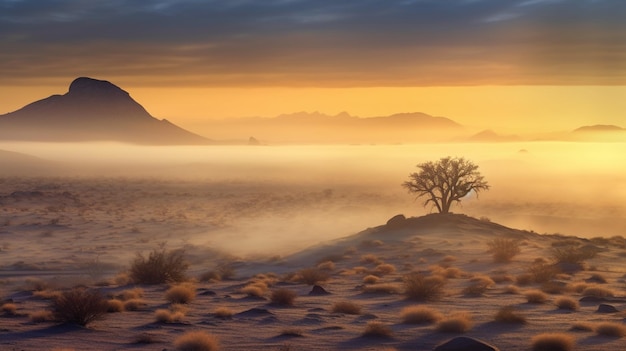 Foto cielo nebbioso su un paesaggio desertico con un albero solitario in primo piano generativo ai