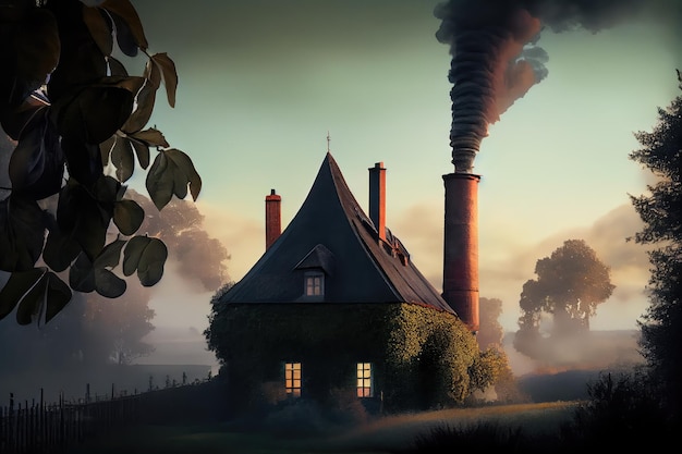 Hazy smoke rising from the chimney in peaceful scene