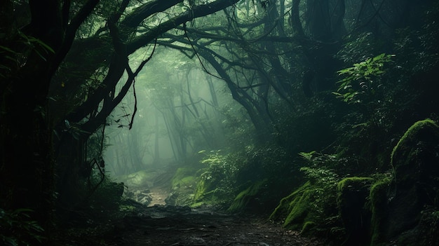 Hazy view among dense forest foliage silhouette concept