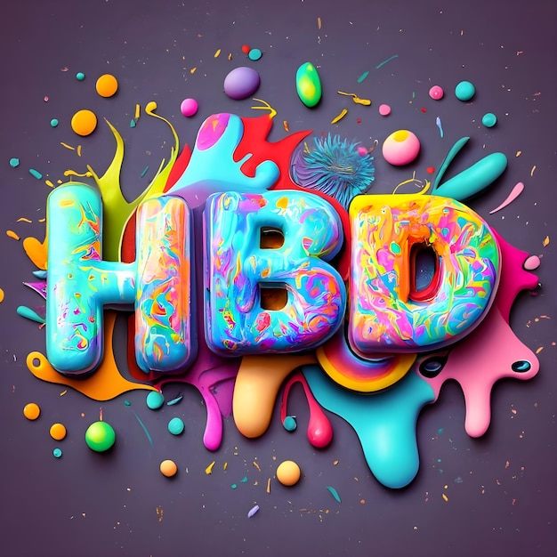 Фото Буквы hbd с днем рождения на фоне красочных брызг краски 3d рендеринг