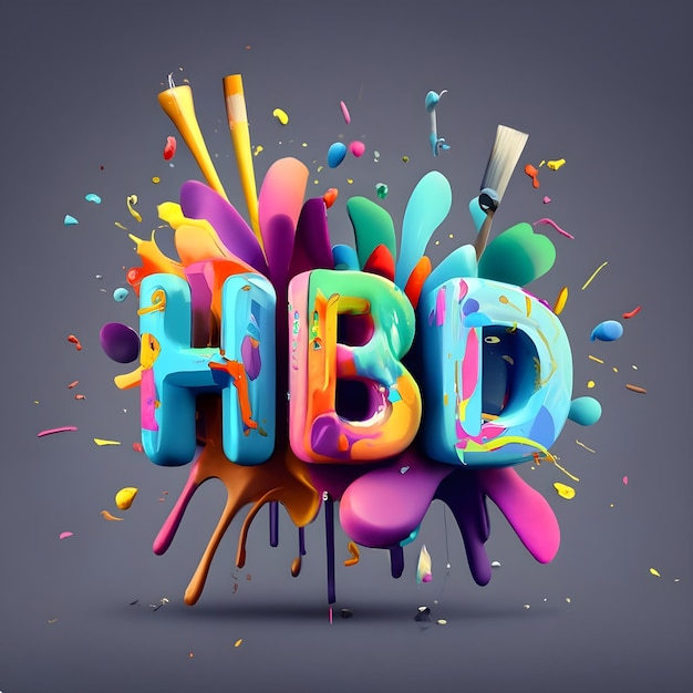 HBD letters for happy birthday on colorful paint splashes background 3D rendering