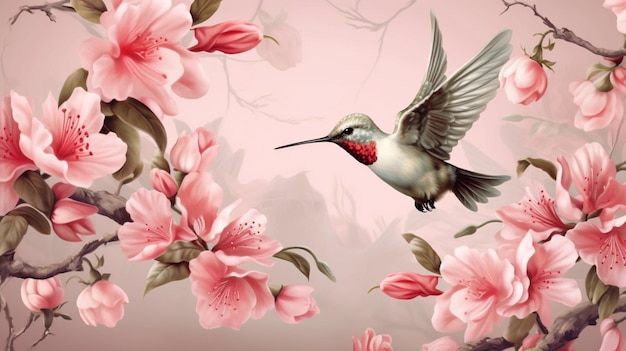 HD 8K humming birds wall stckers flower tree branchGenerative AI