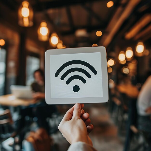 A person holding a picture of a wifi signal