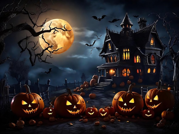 HD Halloween scene with pumpkins bats and full moon in the background