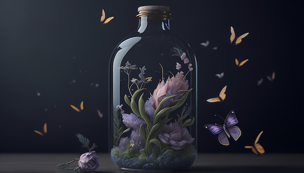 HD Landscape Wallpaper Butterfly and Petals Captured in Glass Bottle