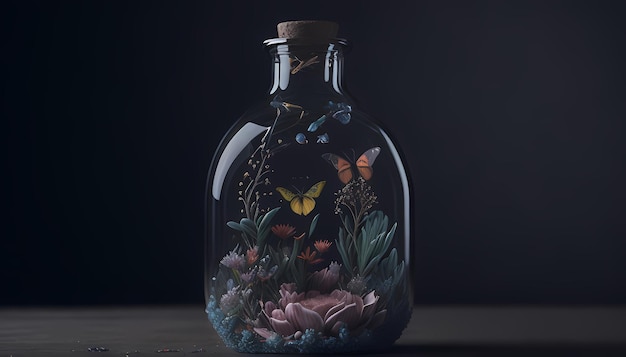 Photo hd landscape wallpaper butterfly and petals captured in glass bottle