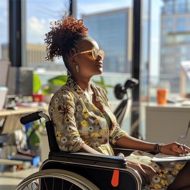 Photo hd photo of an afro american girl on a wheel chair working at sunny office