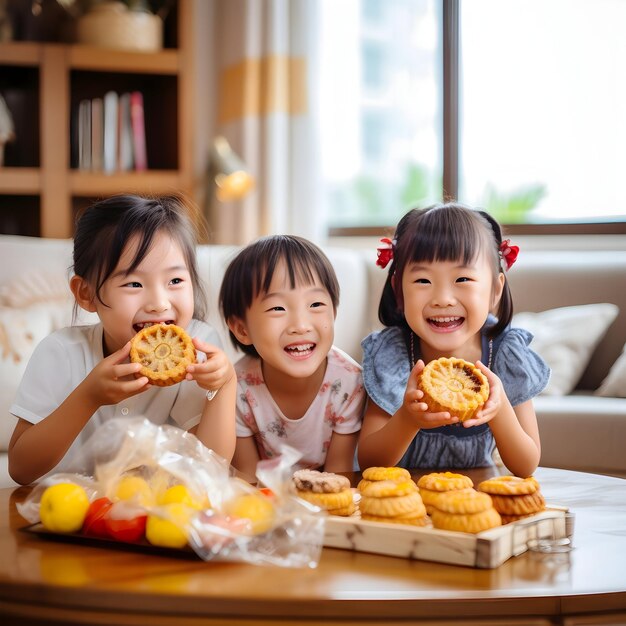 HD photo Chinese faces Three cute elementary school students eating moon cakes in the bright livin