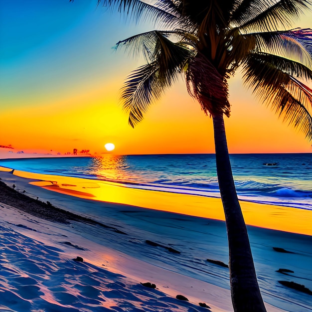 Photo hd serene beachscape at sunset with palm trees sunset view of a serene beach with palm trees