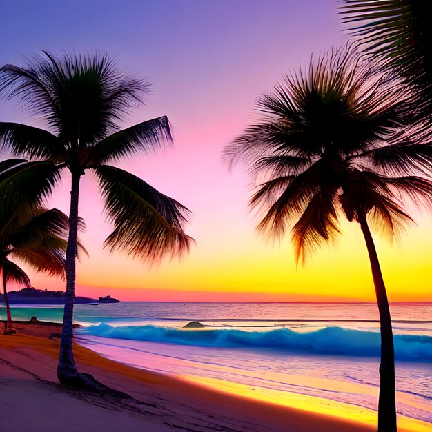 Photo hd serene beachscape at sunset with palm trees sunset view of a serene beach with palm trees