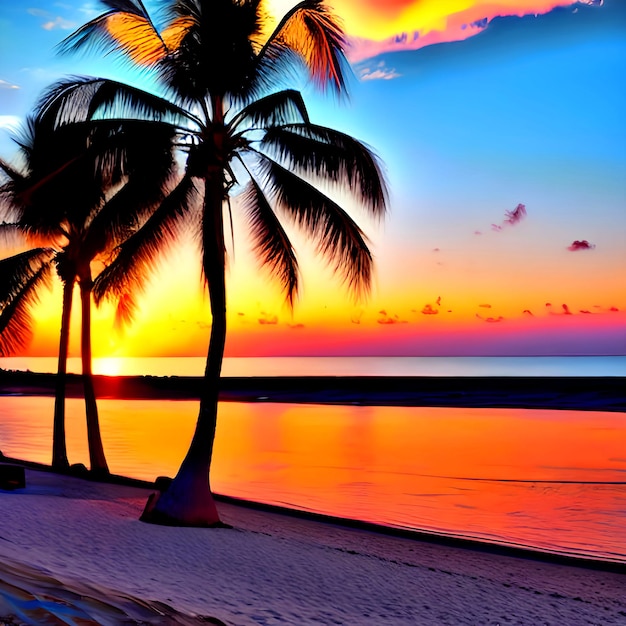 HD Serene Beachscape at Sunset with Palm Trees Sunset View of a Serene Beach with Palm Trees