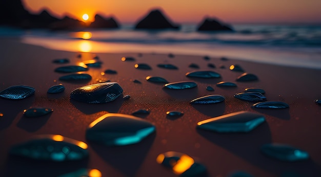 HD Wallpaper en zoomachtergrond Gloeiende glazen stenen op een zonsopgangstrand