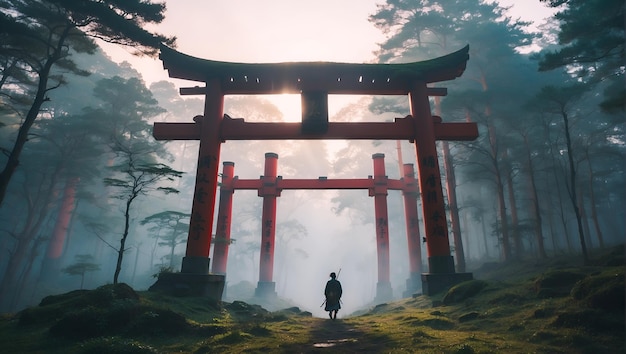 Foto hd wallpapers van misty forest in japan torii poort in japan misty forest morgen landschap