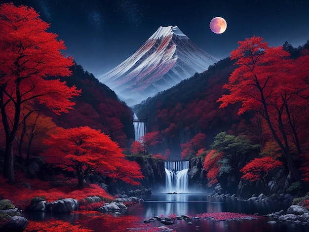 Hd Waterfall Wallpapers berg magische boom achtergrond grote maan