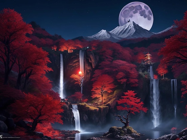 Hd Waterfall Wallpapers mountain magical tree background big moon