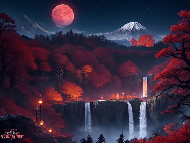 Hd водопад обои гора волшебное дерево фон большая луна