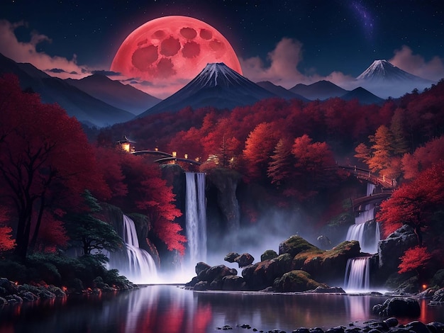 Hd Waterfall Wallpapers mountain magical tree background big moon