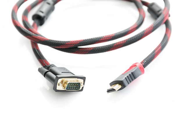 Photo hdmi cable and vga cable connector on white