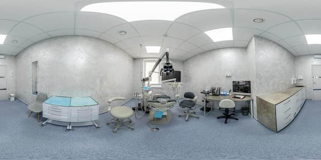 hdri 360 panorama in chirurg orthopedist therapeut kabinet tandheelkundige kliniek met moderne apparatuur in het kantoor in gelijkhoekige bolvormige projectie VR-inhoud