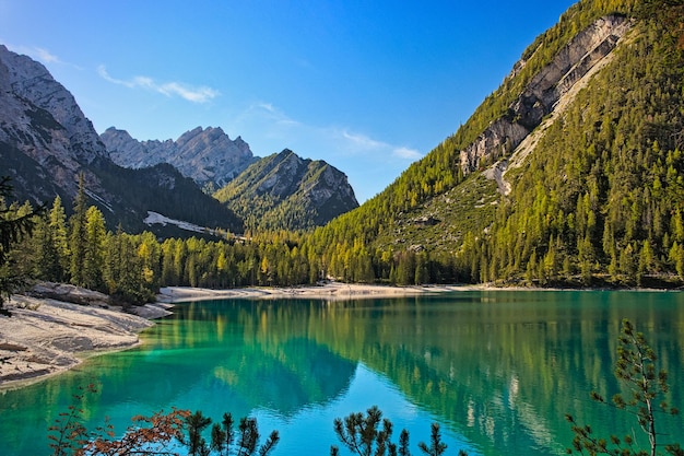 he beautiful Lake Prags in the Italian Alps in South Tyrol