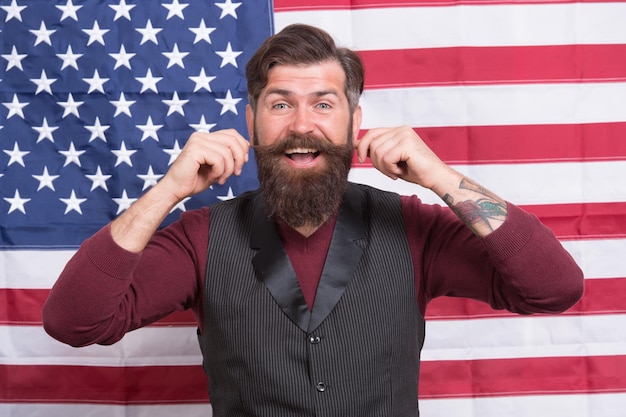 He is happy happy national holiday fourth of july united states\
independence day man with moustache celebrate at flag patriotic and\
national glory english studying speak patriotism and freedom