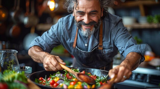 He is mixing salad with wooden spoons as he is happy