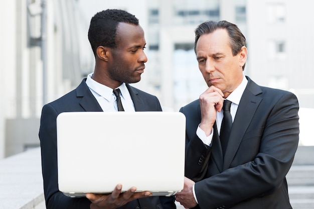 He needs an expert advice. Two confident business men looking at laptop while one of them holding hand on chin