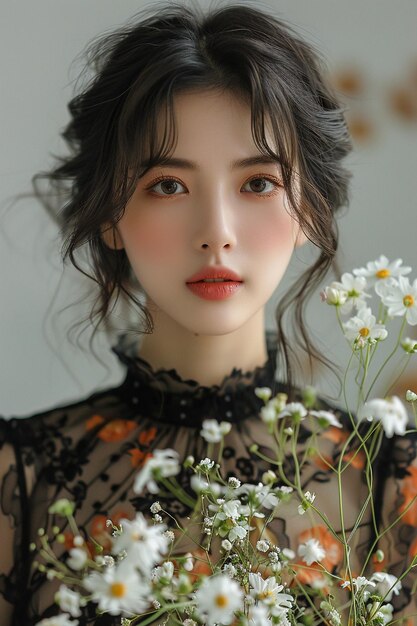 """아름다운 아시아 여성이 손에 꽃을 들고 있었다, 한국 모델, 실제 사진 스타일, 전체 몸."""
