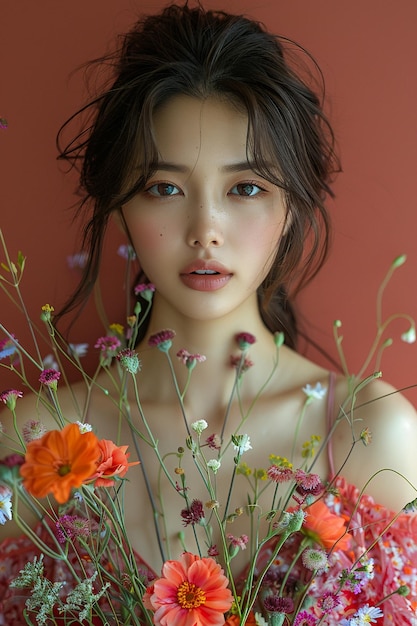 아름다운 아시아 여성이 손에 꽃을 들고 있었다 한국 모델 실제 사진 스타일