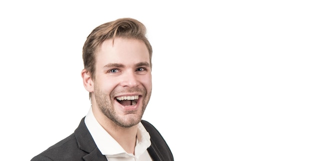 He who wears a smile Portrait of happy guy Professional guy smile isolated on white Smiling man face Delighted businessman copy space
