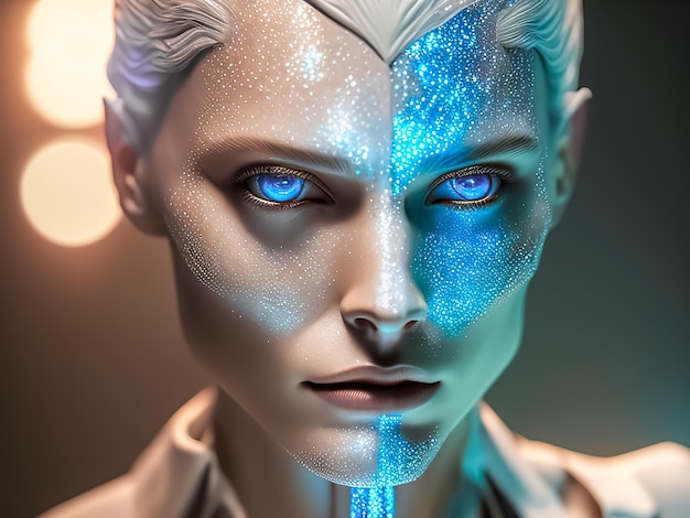 Head of anthropomorphic cyborg robot AI portrait of artificial intelligence Artificial intelligence humanoid cyber girl cinematic light futuristic background