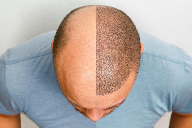 The head of a balding man before and after hair transplant surgery. A man losing his hair has become shaggy. An advertising poster for a hair transplant clinic. Treatment of baldness.