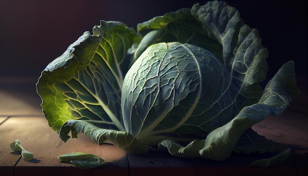 A head of cabbage lies on the table under the bright rays of the sun